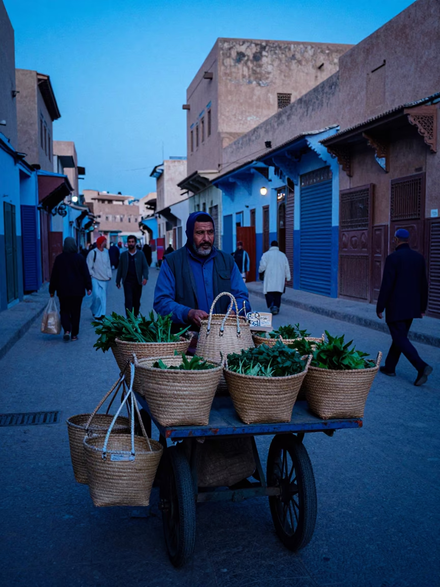 Casablanca street scene during blue hour with locals and woven baskets in in Casablanca, Morocco