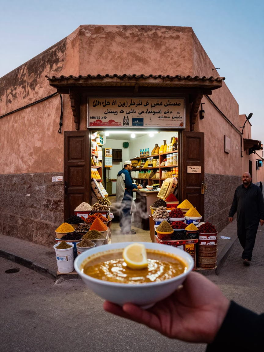Casablanca Street Scene Early Evening with Spices and Traditional Soup in in Casablanca, Morocco
