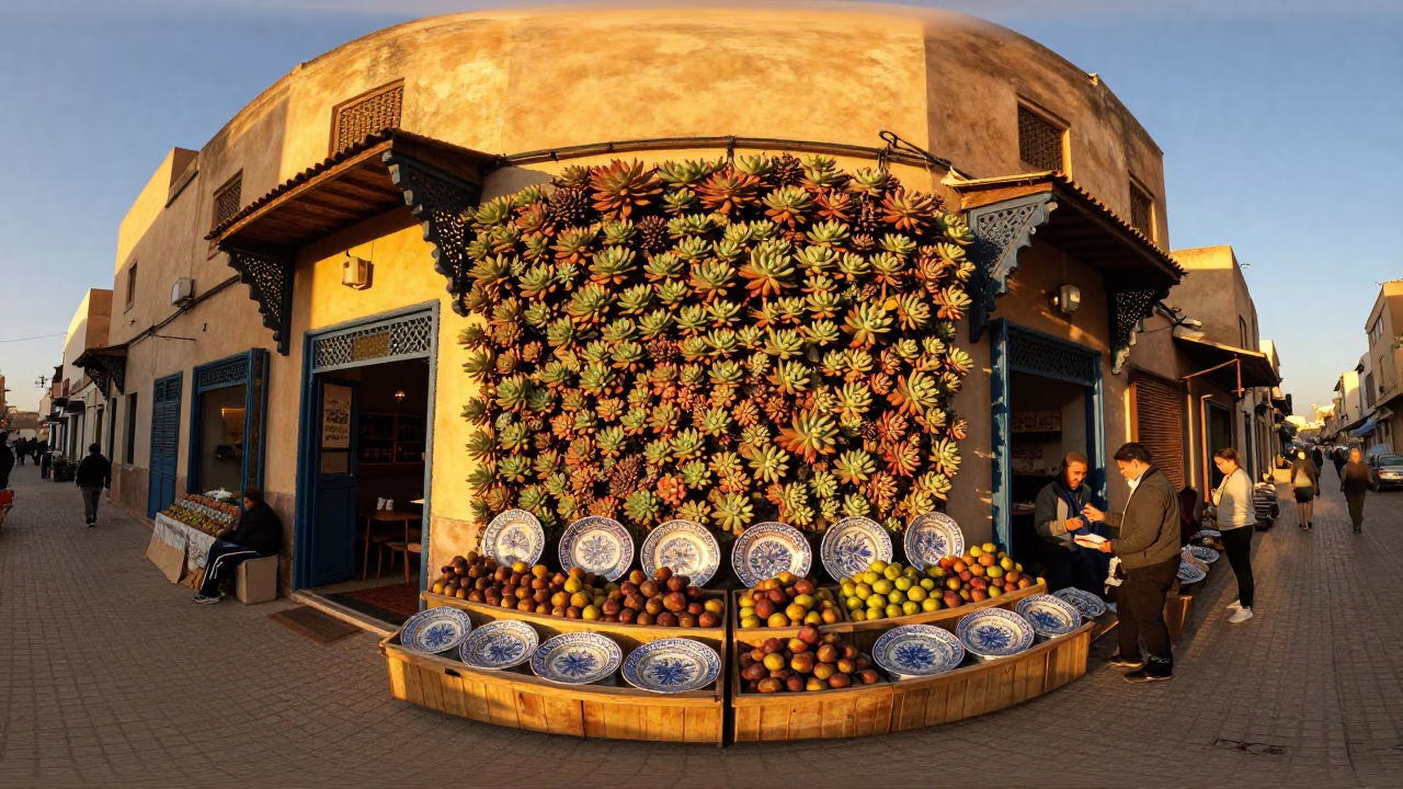 Casablanca Street Scene Honeyed Evening Light Living Wall Succulents Vintage Majolica Plate in in Casablanca, Morocco