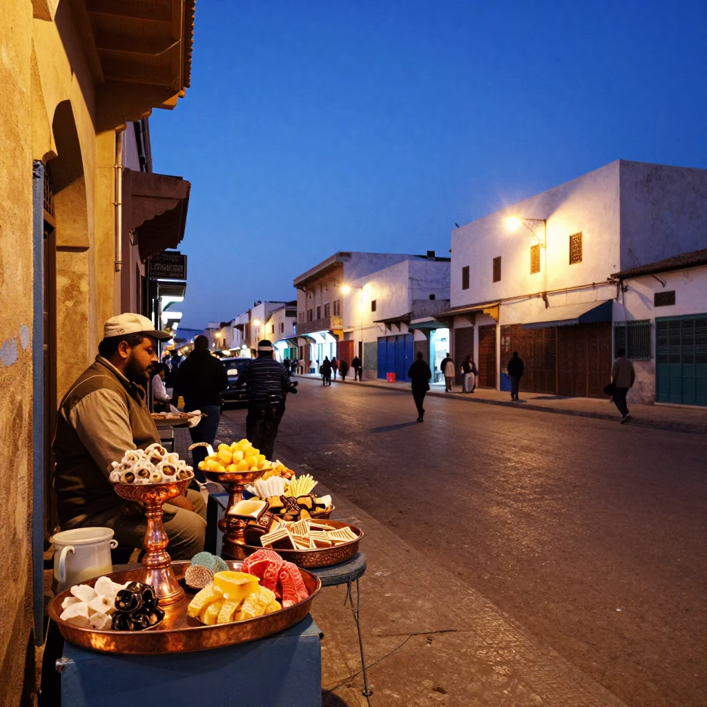 Casablanca Street Scene Indigo Twilight with Copper Tray of Honey Drizzled Loukoumades in in Casablanca, Morocco