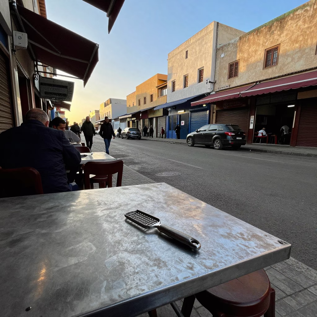 Casablanca Street Scene Late Afternoon Light with Peeler on Table in in Casablanca, Morocco