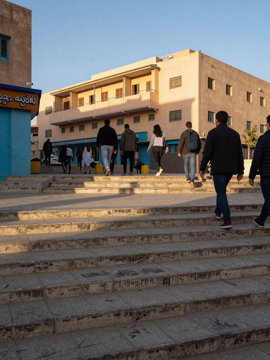Casablanca Street Scene Late Afternoon Light with School Staircase and Linen Fringe Details in in Casablanca, Morocco
