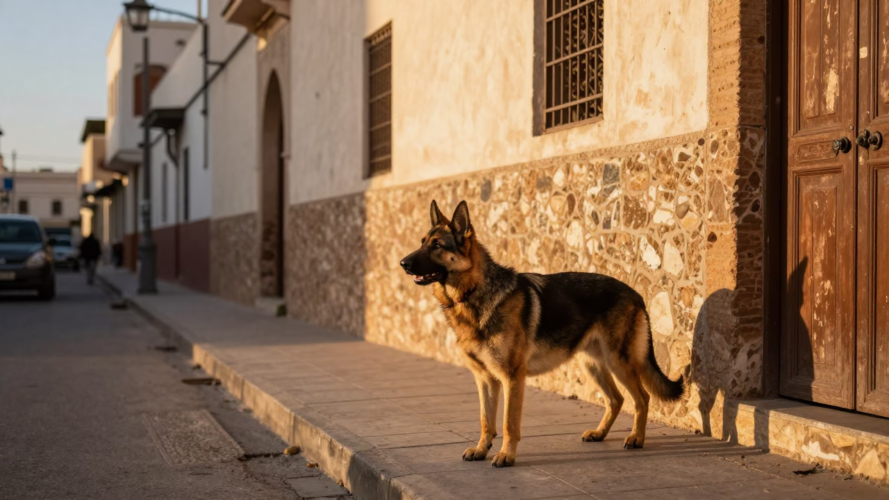 Casablanca Street Scene Late Afternoon with German Shepherd Dog Near Garden Gate in in Casablanca, Morocco