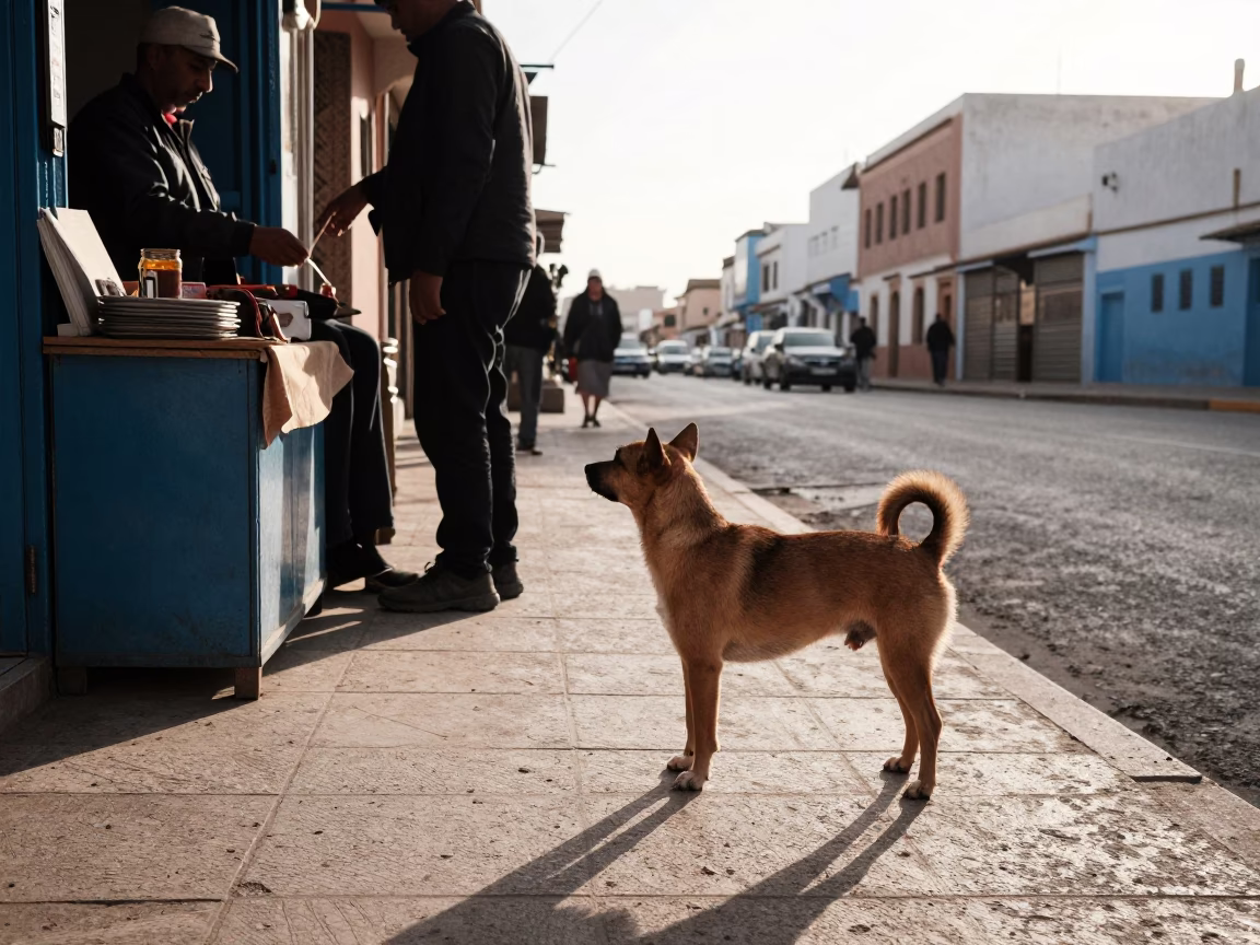 Casablanca Street Scene Late Morning with Brazilian Terrier and Market Activity in in Casablanca, Morocco