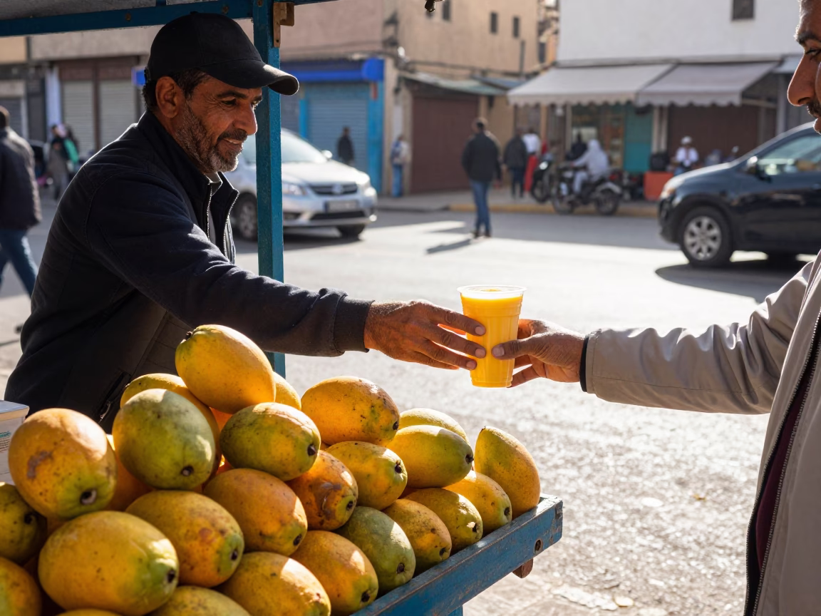 Casablanca Street Scene Morning Light Fresh Mango Lassi and Urban Life in in Casablanca, Morocco