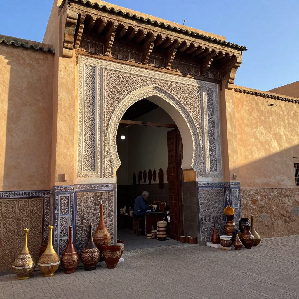 Casablanca Street Scene with Artisan Lacquer Work and Local Market Details in in Casablanca, Morocco