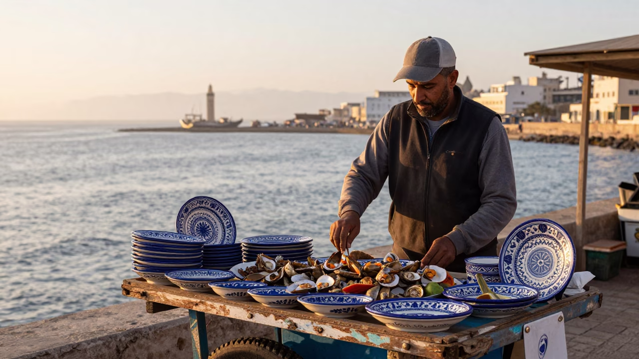 Casablanca Street Vendor at Nautical Dawn with Vintage Majolica Plate and Wrench in in Casablanca, Morocco