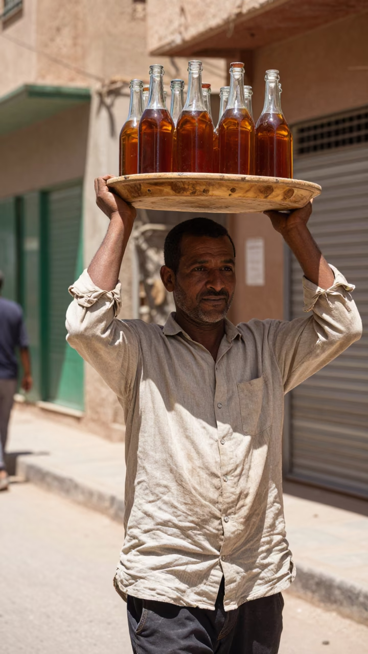 Casablanca Street Vendor Balancing Glass Bottles Under Flat Noon Light in in Casablanca, Morocco