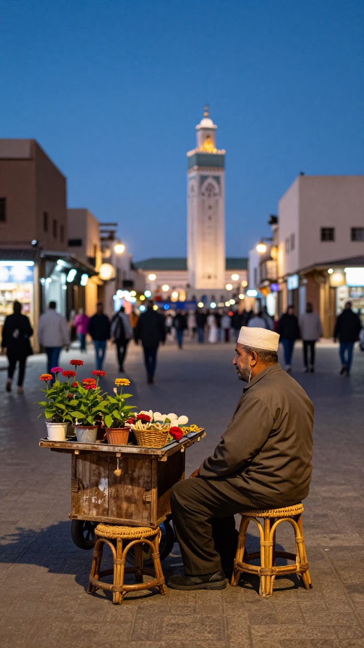 Casablanca Street Vendor Evening with Rattan Stool and Zinnias in Morocco in in Casablanca, Morocco