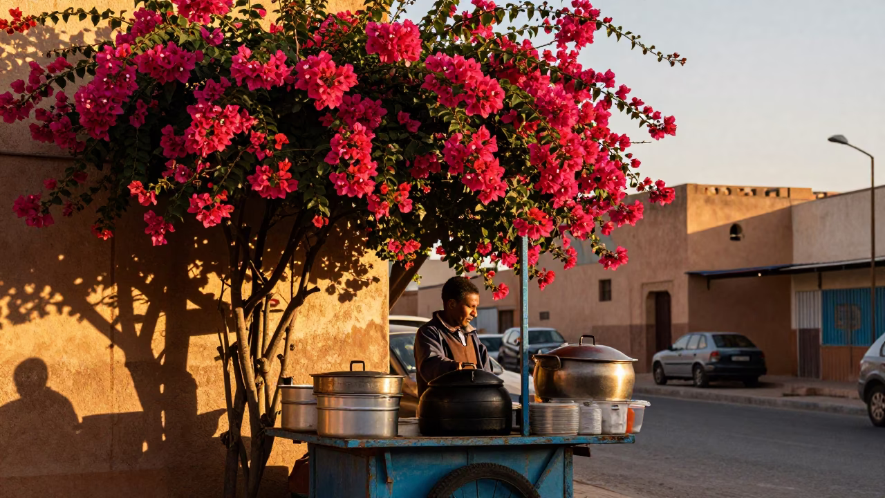 Casablanca Street Vendor Golden Hour Bougainvillea and Cooking Pot in in Casablanca, Morocco