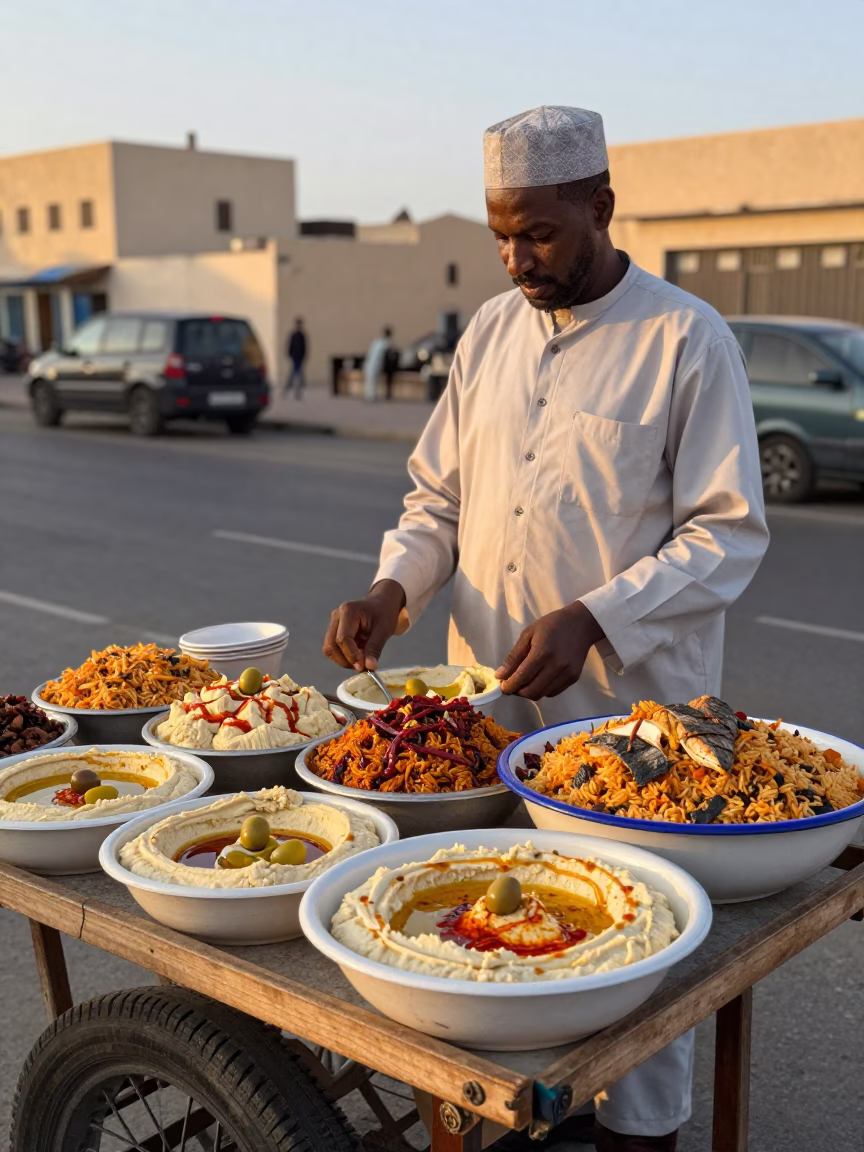 Casablanca Street Vendor Golden Hour Hummus and Thieboudienne Display in in Casablanca, Morocco