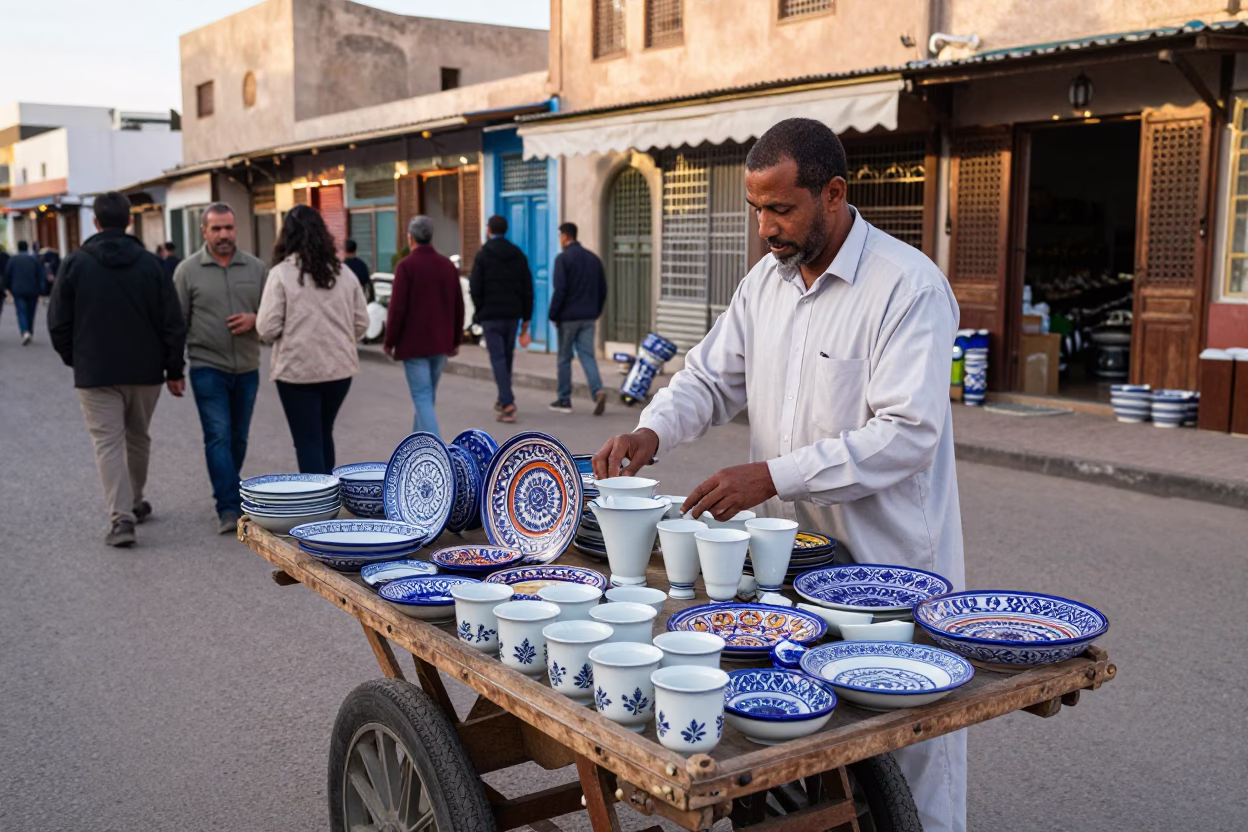 Casablanca Street Vendor Selling Blue White Porcelain and Majolica Plates in Late Morning Light in in Casablanca, Morocco
