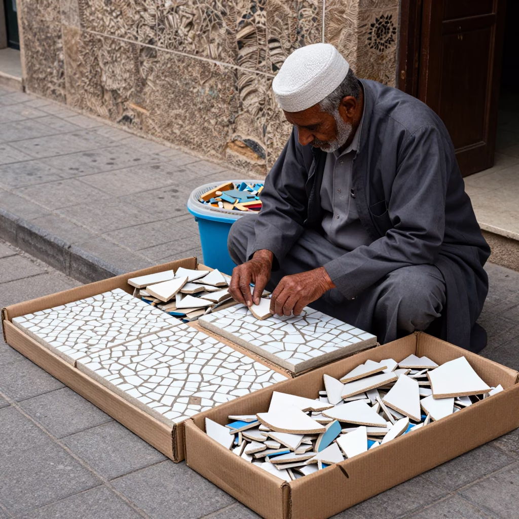 Casablanca street vendor sorting mosaic tile fragments under gray sky in in Casablanca, Morocco