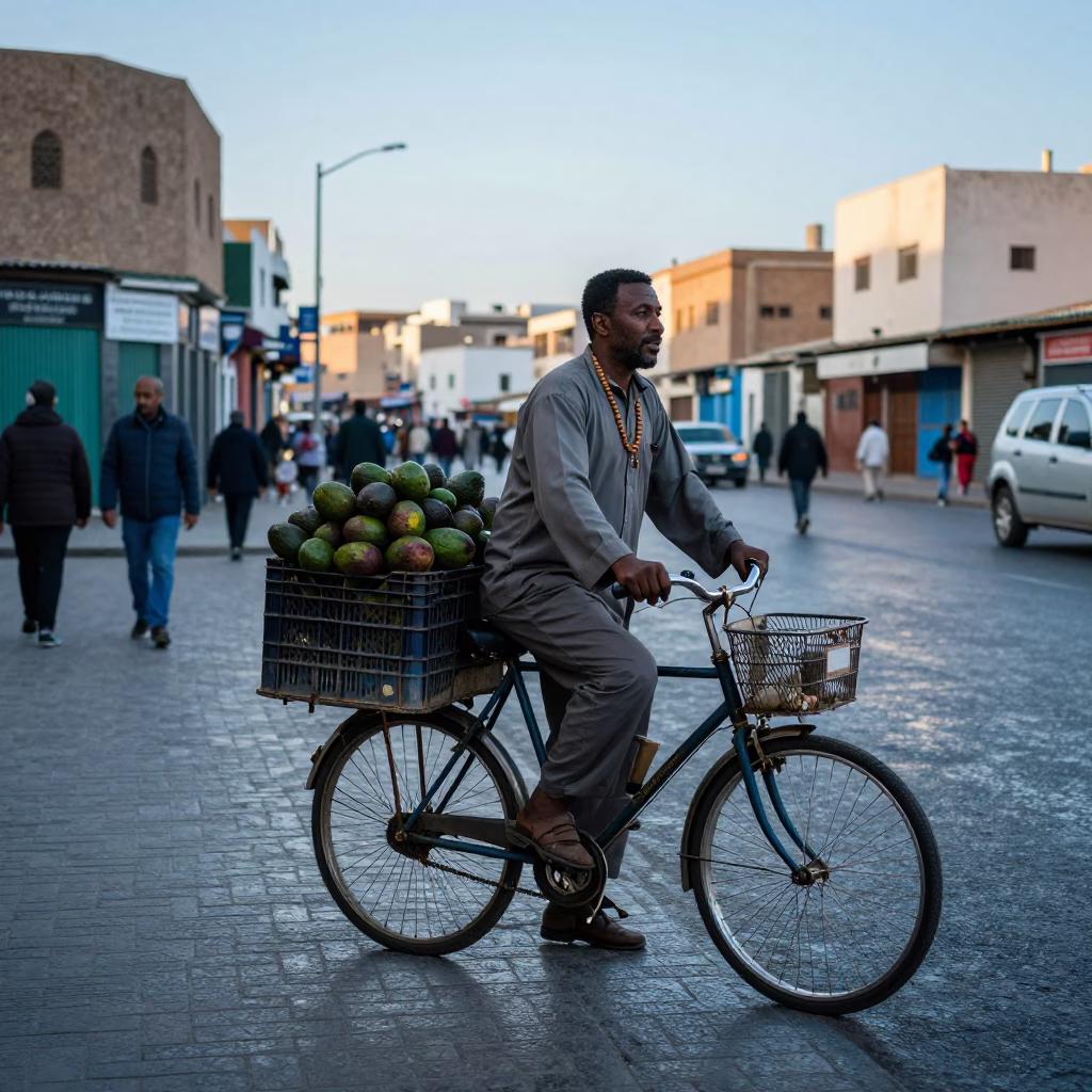 Casablanca street vendor with bicycle and prayer beads cool morning in in Casablanca, Morocco