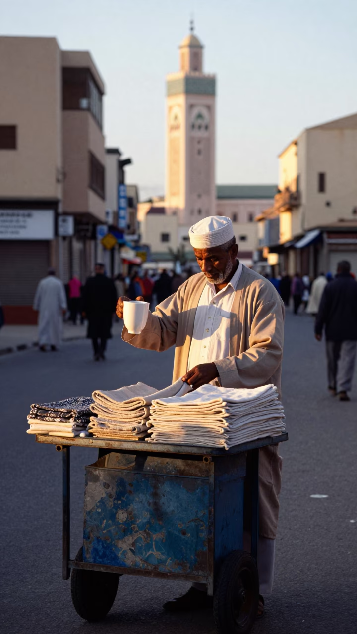 Casablanca street vendor with ceramic cup and linen creases in in Casablanca, Morocco