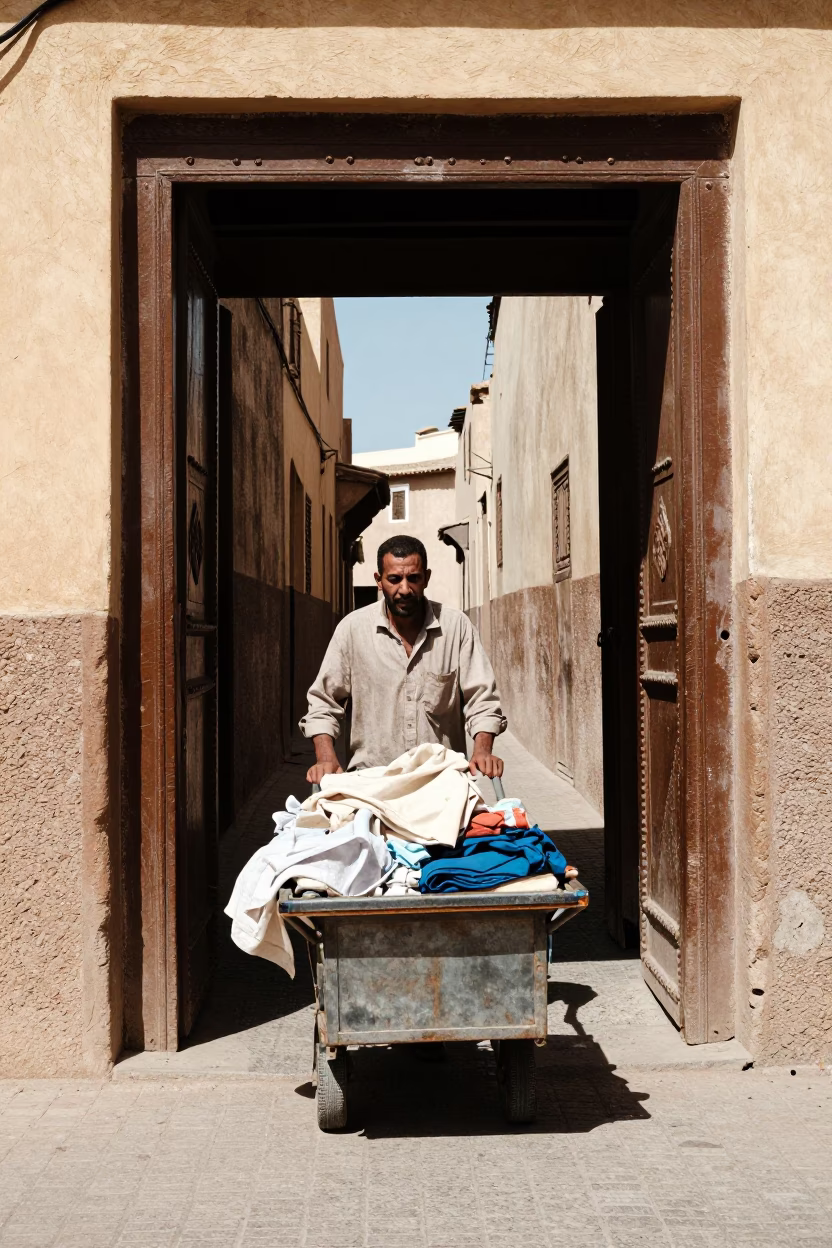 Casablanca Street Vendor With Rolling Carts And Doorframe At Noon in in Casablanca, Morocco