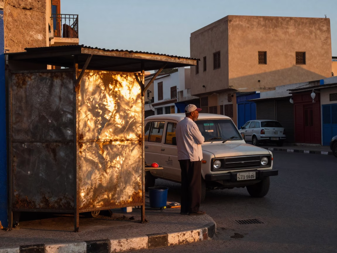 Casablanca Summer Evening Street Scene with Dented Metal and Straw Hat in in Casablanca, Morocco