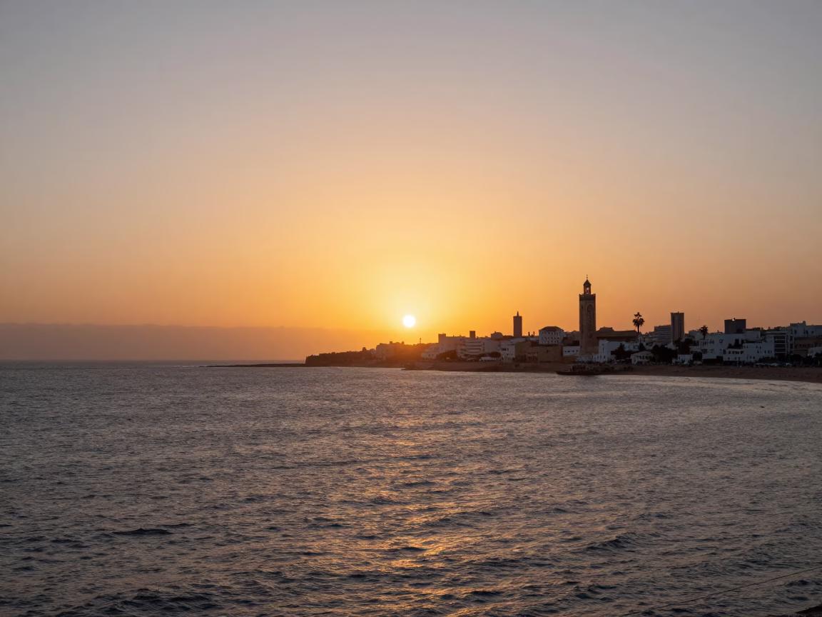 Casablanca Sunset Skyline Over Atlantic Ocean with Traditional Architecture in in Casablanca, Morocco