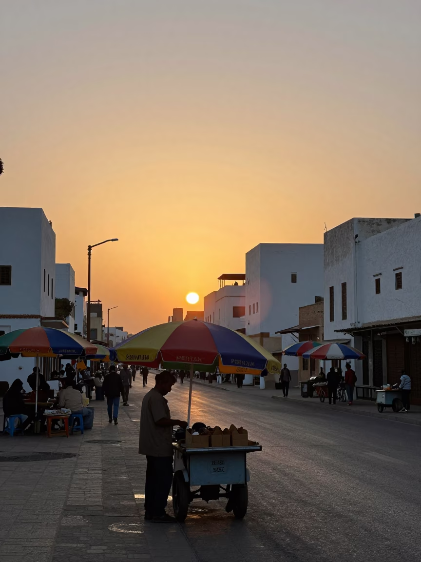 Casablanca Sunset Street Scene with Colorful Umbrellas and Urban Architecture in in Casablanca, Morocco
