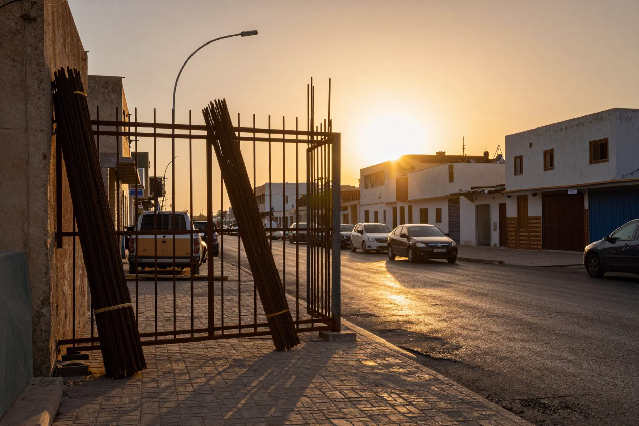 Casablanca Sunset Street Scene with Construction Gate and Rebar Bundles in Morocco in in Casablanca, Morocco