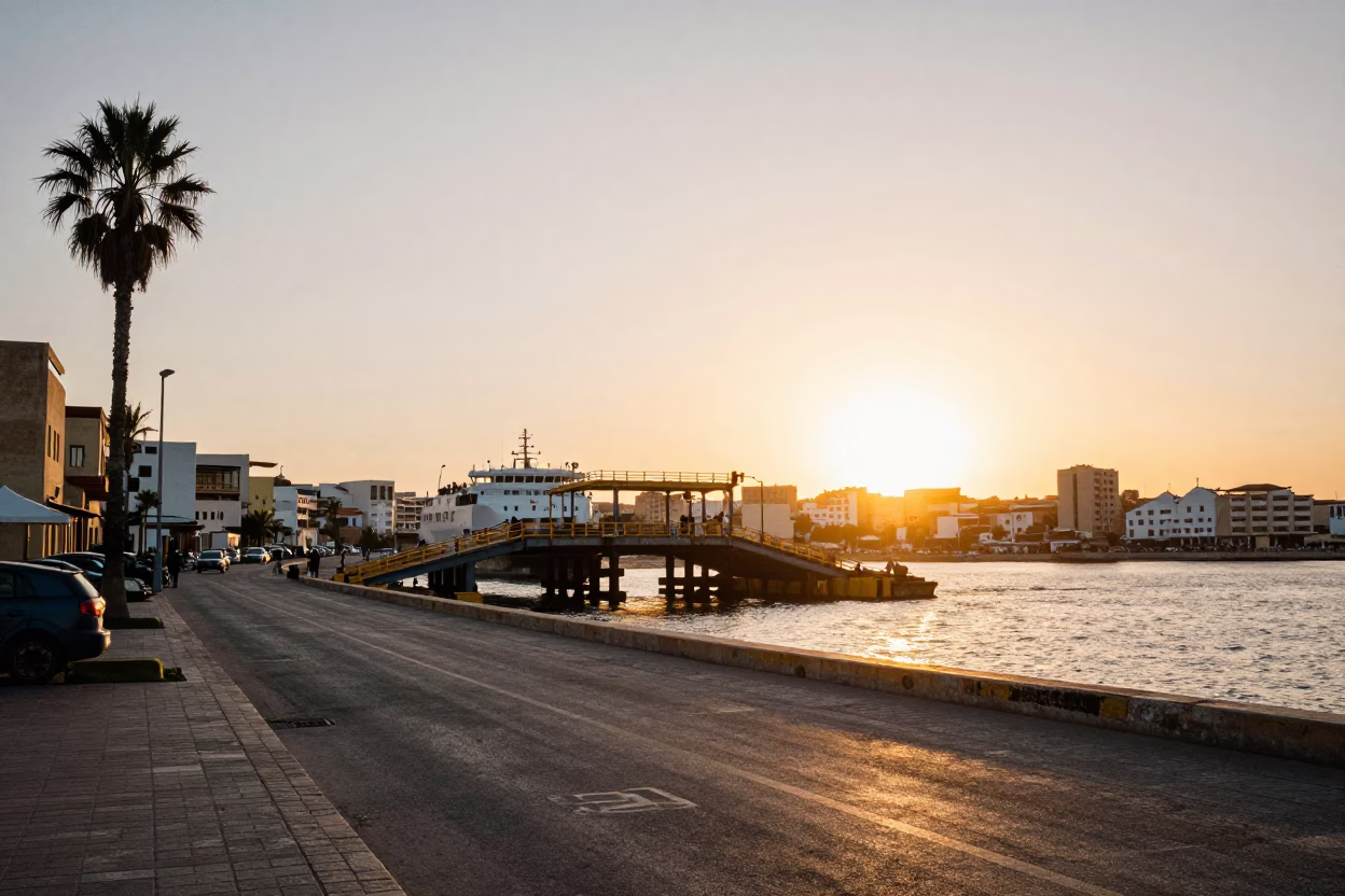 Casablanca Sunset Street Scene with Ferry Ramps and Local Life in in Casablanca, Morocco