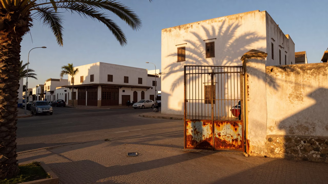 Casablanca Sunset Street Scene with Leaf Shadows and Rusty Hinge Details in in Casablanca, Morocco