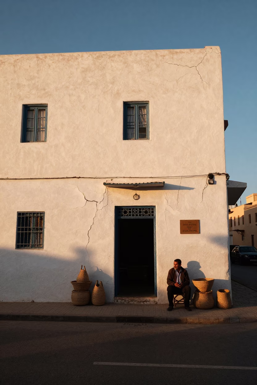 Casablanca Sunset Street Scene with Woven Baskets and Cracked Stucco Walls in in Casablanca, Morocco