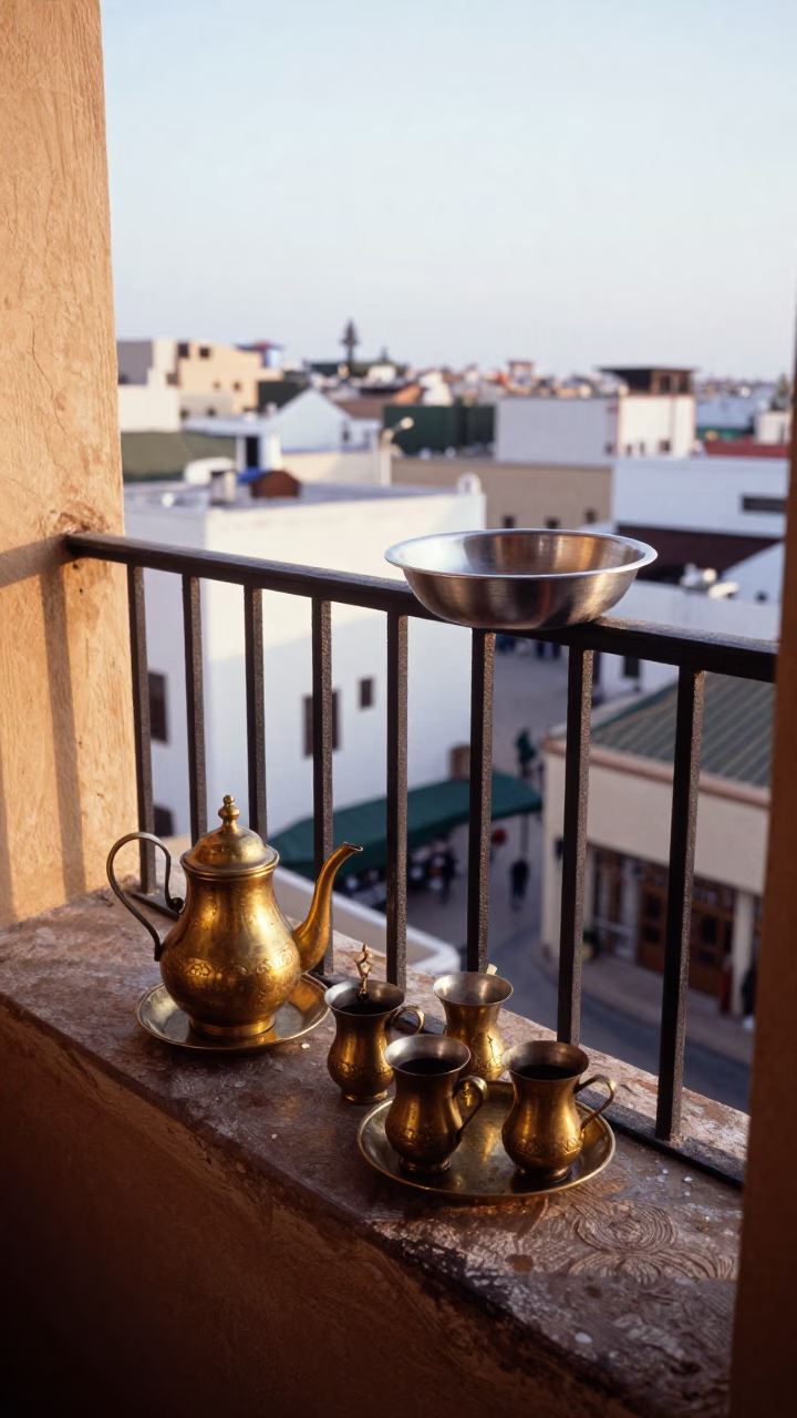 Casablanca Tea Setup at As First Light Reaches The Scene in in Casablanca, Morocco
