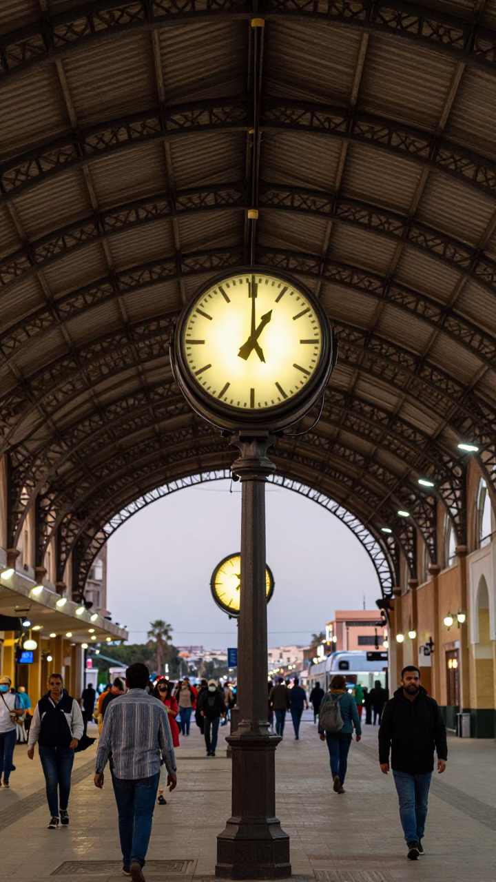 Casablanca Train Station Clock Under Vaulted Iron Roof at Dusk in in Casablanca, Morocco