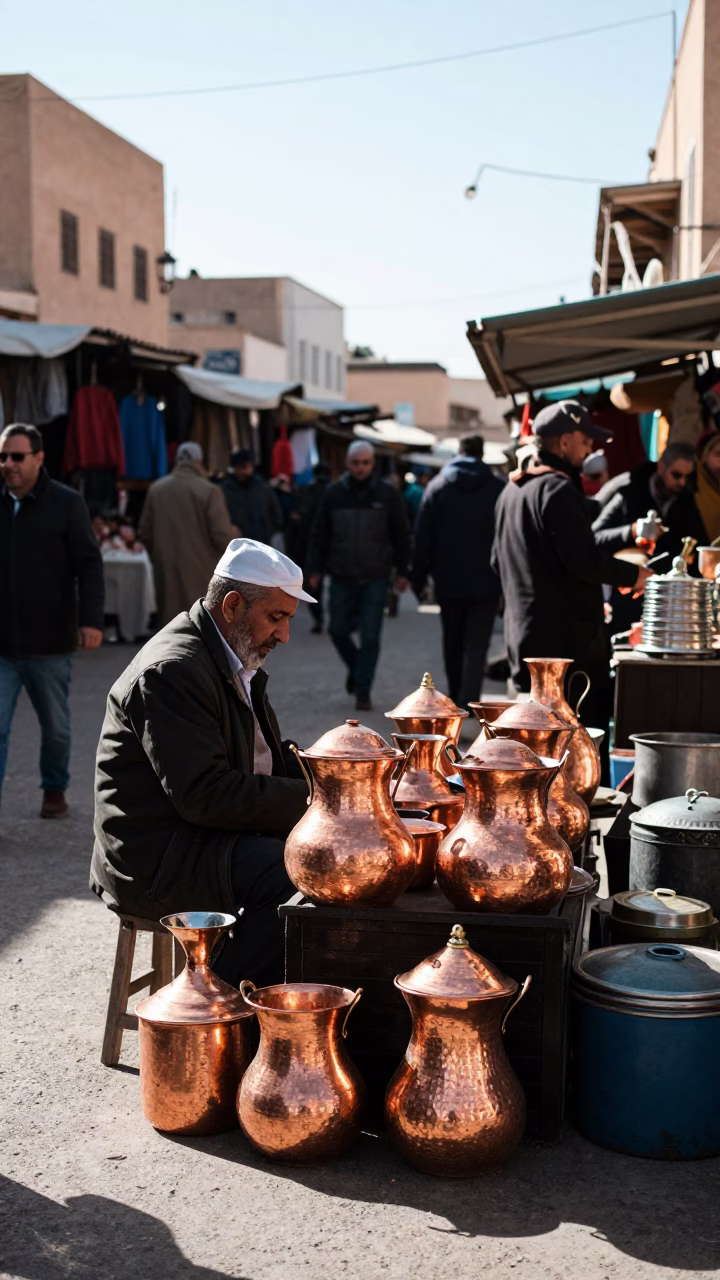 Casablanca Winter Noon Market Scene With Copper Pots And Geraniums in in Casablanca, Morocco