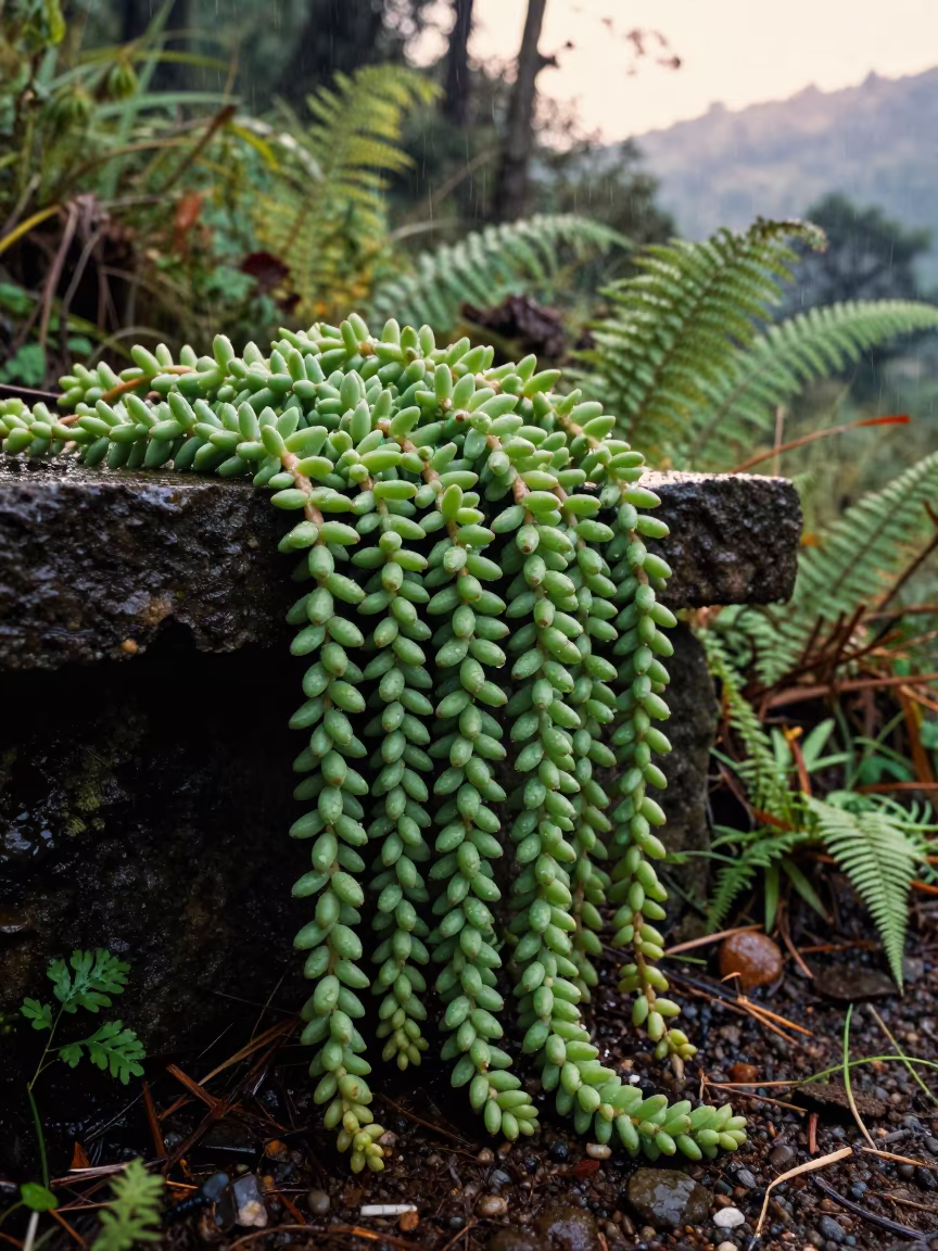 Cascading Pearls Plant on Forest Floor India in on a fern-lined forest floor in India
