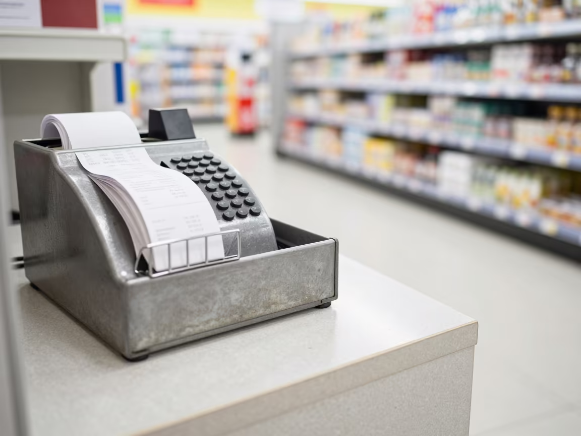 Cash Register Tray in Warsaw Retail Aisle in inside a bright retail aisle in Warsaw