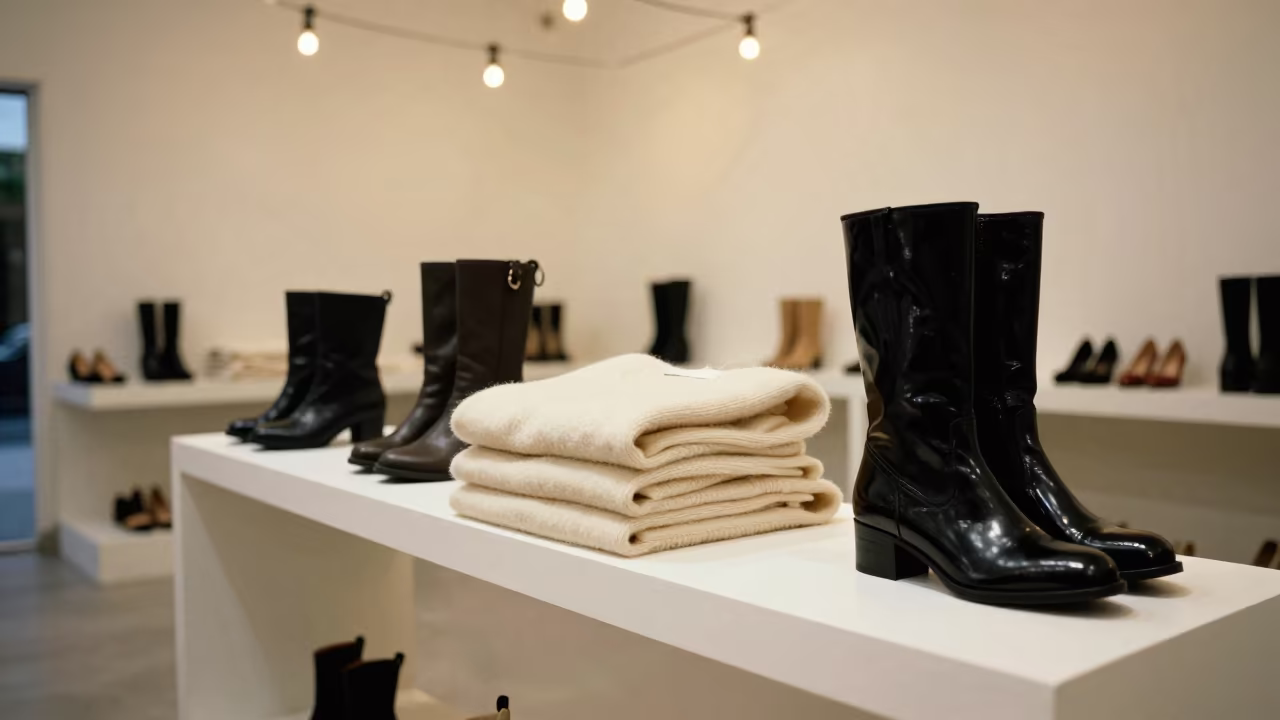 Cashmere and Patent Boots on Minimalist Bench in inside a minimalist showroom in Culiacán