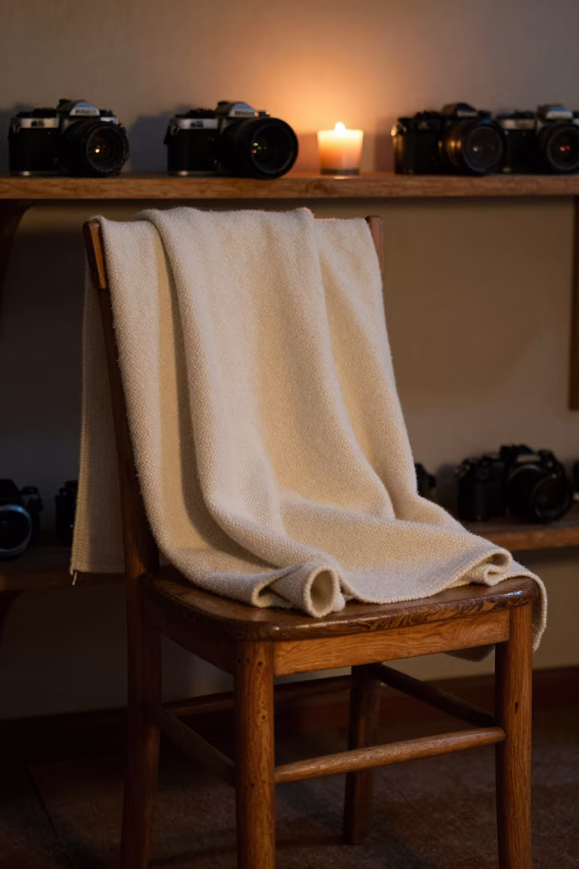 Cashmere Wrap on Garden Chair at Twilight in on a workshop shelf in Ejido