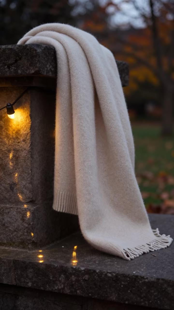 Cashmere Wrap on Garden Chair at Twilight in on a stone ledge near Napier