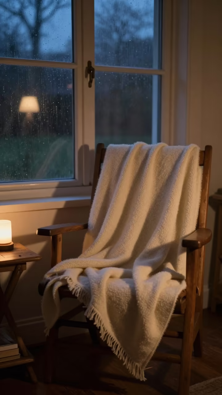 Cashmere Wrap on Garden Chair at Twilight in on a bedside table in Guanare