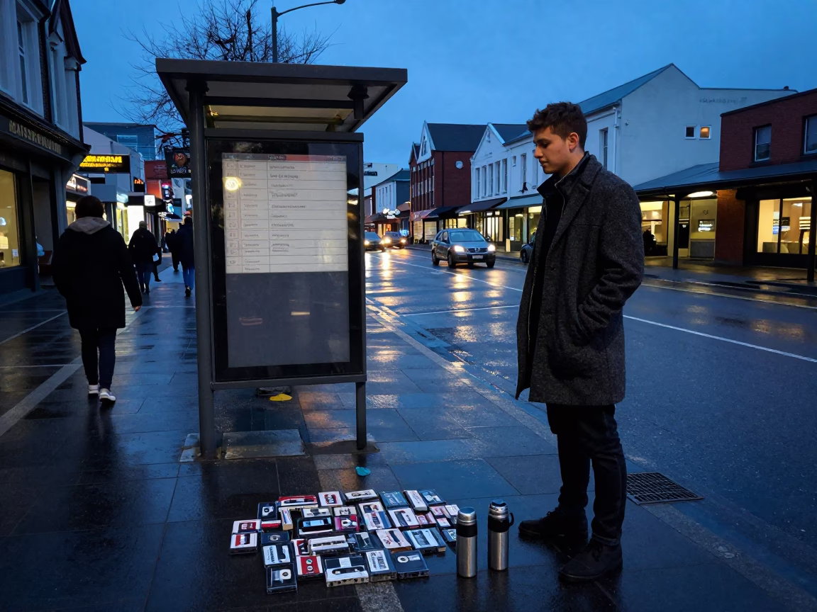 Cassette tapes and thermos on wet Christchurch street corner during blue hour twilight in in Christchurch, New Zealand
