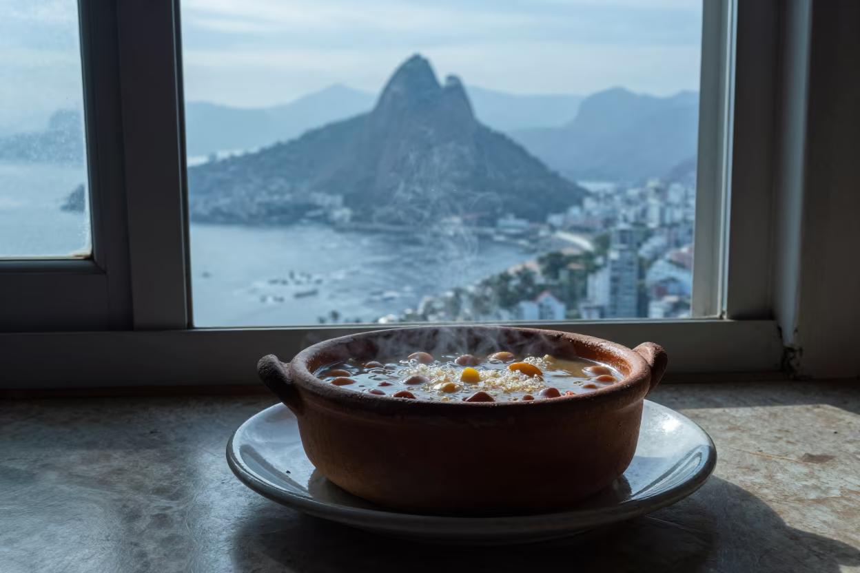 Cassoulet Bubbling in Santa Teresa Morning Light in on a ceramic plate by a window in Santa Teresa, Rio de Janeiro