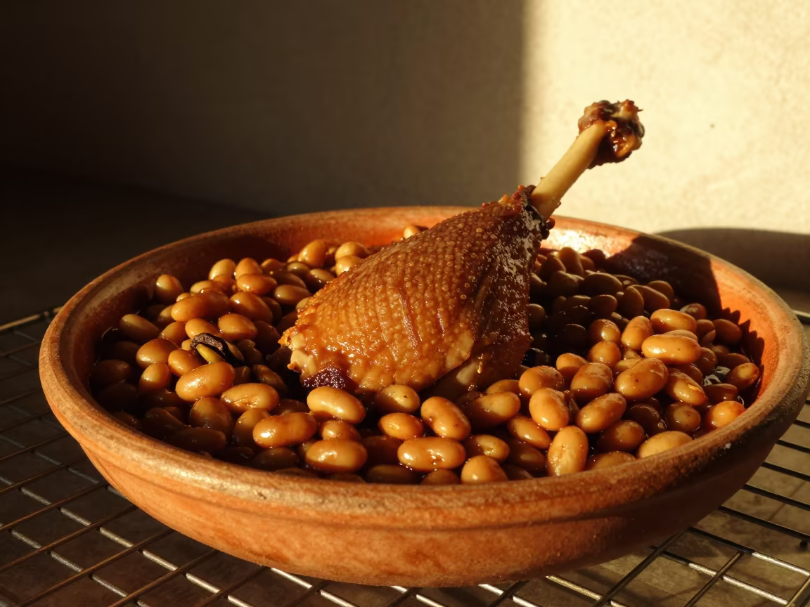 Cassoulet Duck Leg Golden Hour Kirkuk in on a bakery cooling rack in Kirkuk