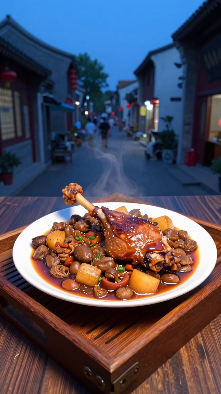 Cassoulet Duck Leg on Tea Tray Beijing in on a tea house tray in Nanluoguxiang, Beijing