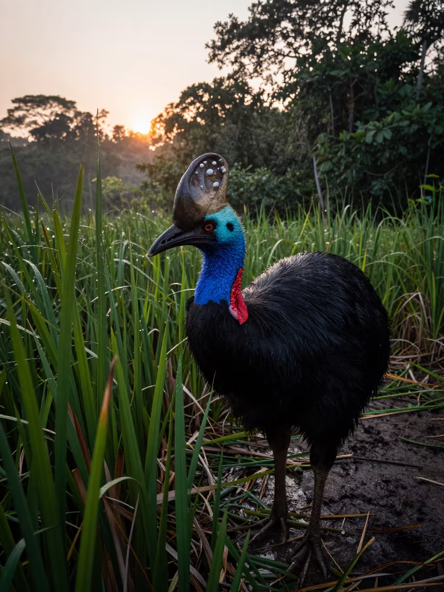 Cassowary at Malaysian Reed Bed Dawn in at the edge of a reed bed in Malaysia