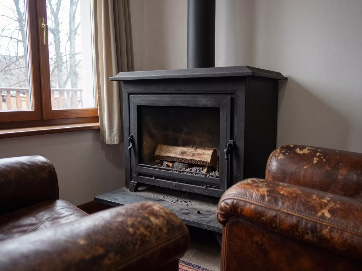 Cast Iron Fireplace on Leather Chair in Ankara in on a worn leather armchair in Ankara