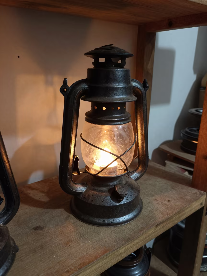 Cast Iron Lantern on Workshop Shelf in on a workshop shelf in Coimbatore