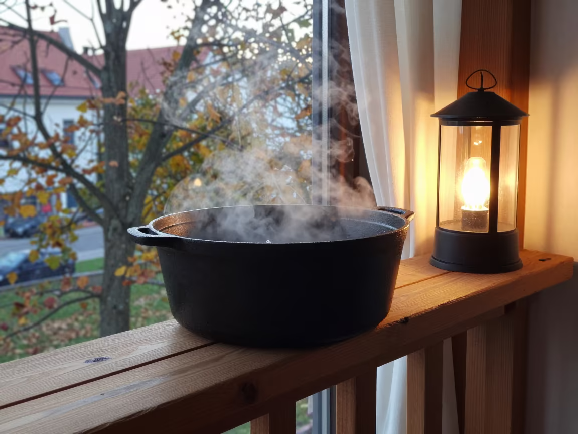 Cast Iron Pot Simmering on Wroclaw Pier Railing in on a pier railing in Wroclaw