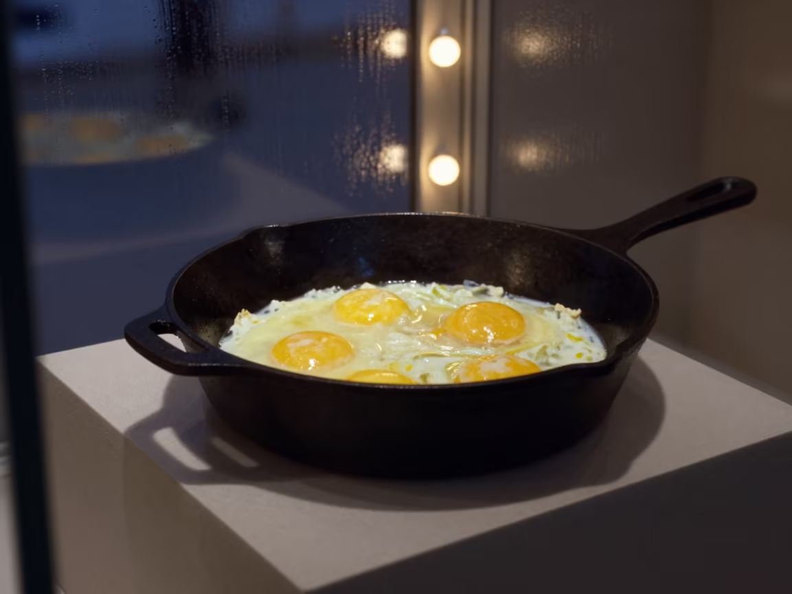 Cast Iron Skillet Eggs on Museum Plinth Hamburg in on a museum plinth in Hamburg
