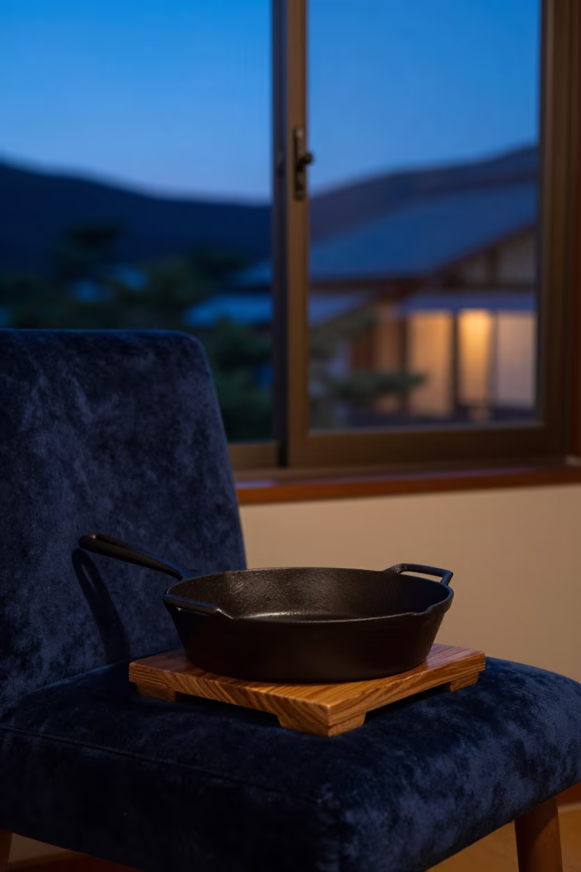Cast Iron Skillet on Velvet Chair in Kyoto Twilight in on a velvet chair near Kyoto