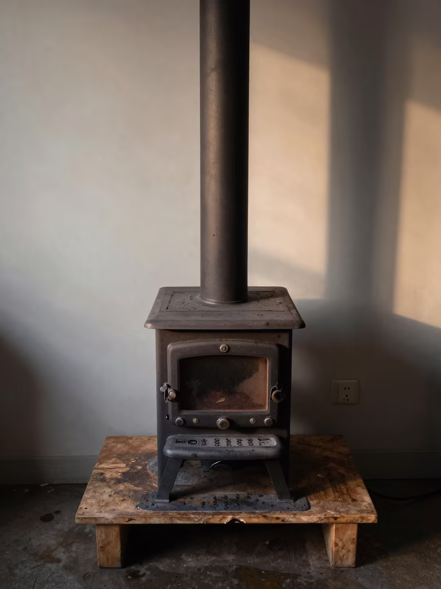 Cast Iron Stove on Workbench in Late Afternoon in on a wooden workbench near London