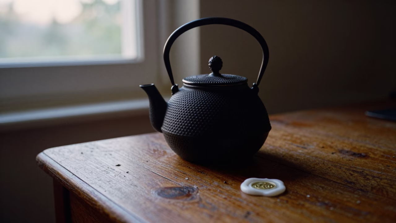 Cast Iron Teapot and Wax Seal at Dawn in on a wooden workbench in Salvador