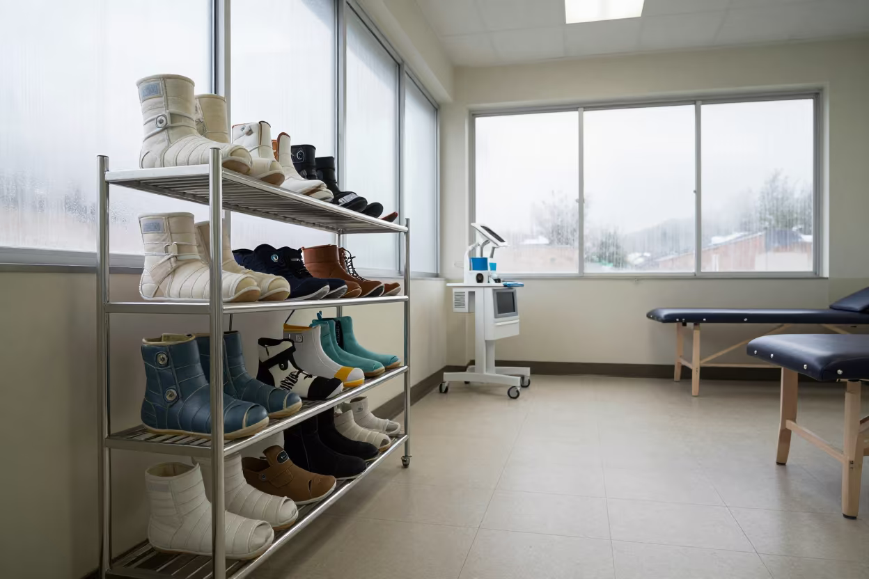 Cast Shoe Rack in Rehabilitation Room in inside a rehabilitation therapy room near Delmas