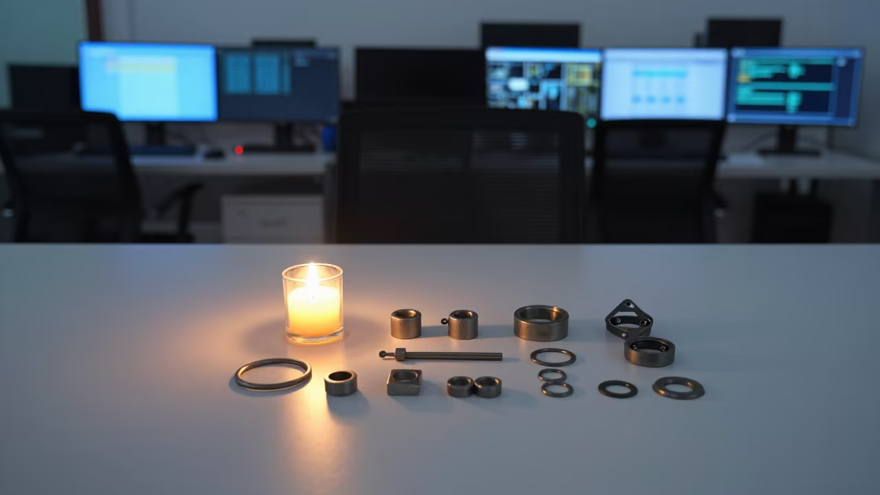 Caster Replacement Kit on Office Desk Before Dawn in in an operations center under monitor glow in Mumbai